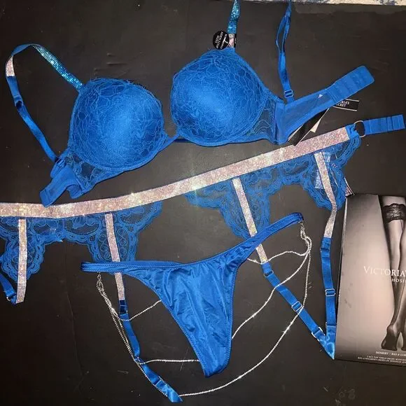 Victoria's Secret 32A,32B,32C BOMBSHELL BRA SET+GARTER NEON BLUE SHINE STRAP